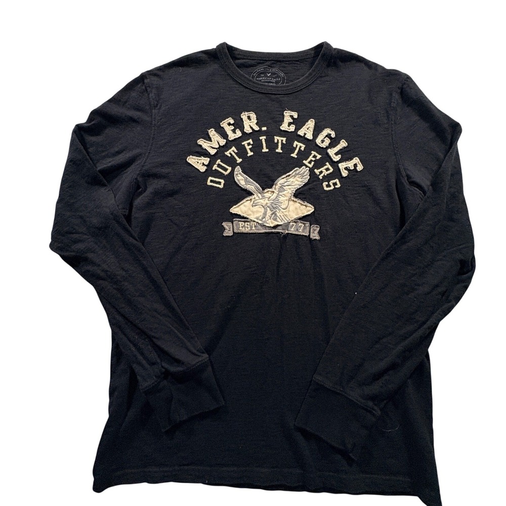 American Eagle Long Sleeve Graphic T-Shirt Mens Large Black Athletic Fit Eagle